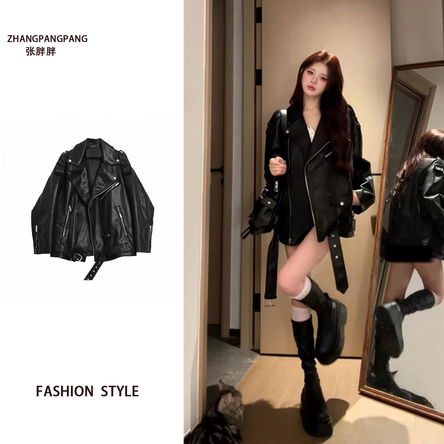 プラスサイズの女性用黒革ジャケット、春秋新作スタイル、高級感のあるルックス、クールでスタイリッシュなモーターサイクルジャケット。