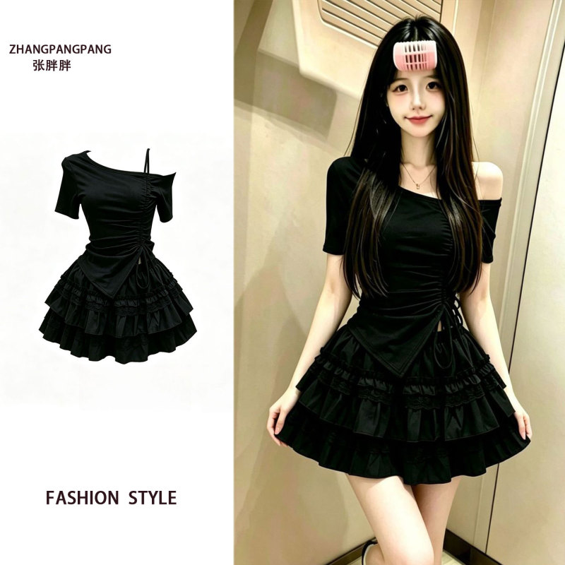 Plus Size Black Lace Cake Tutu Skirt Women's Summer Anti-Exposure Slanted Collar Drawstring Short-Sleeved Top Suit Plus Size Black Lace Cake Tutu Skirt Women's Summer Anti-Exposure Slanted Collar Drawstring Short-Sleeved Top Suit