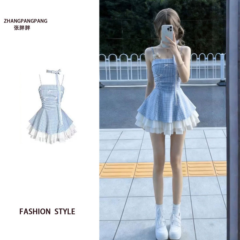 Plus-Size French-Style Halter Neck Bowknot Strap Dress for Women, Summer 2026 New Slim-Fit Plaid High-Waisted Puffy Dress