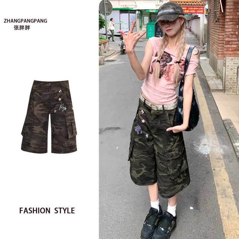 Plus-Size American-Style Multi-Pocket Camouflage Capri Pants for Women, New Summer Trendy Retro Straight-Leg Wide-Leg Denim Shorts Plus-Size American-Style Multi-Pocket Camouflage Capri Pants for Women, New Summer Trendy Retro Straight-Leg Wide-Leg Denim Shorts