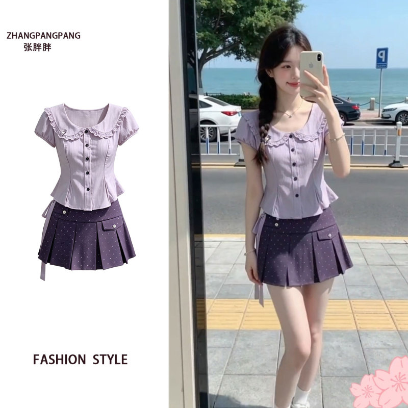 Plus Size Purple French Sweet Doll Collar Waist-Tie Top with Polka Dot Pleated Skirt Two-Piece Set for Women