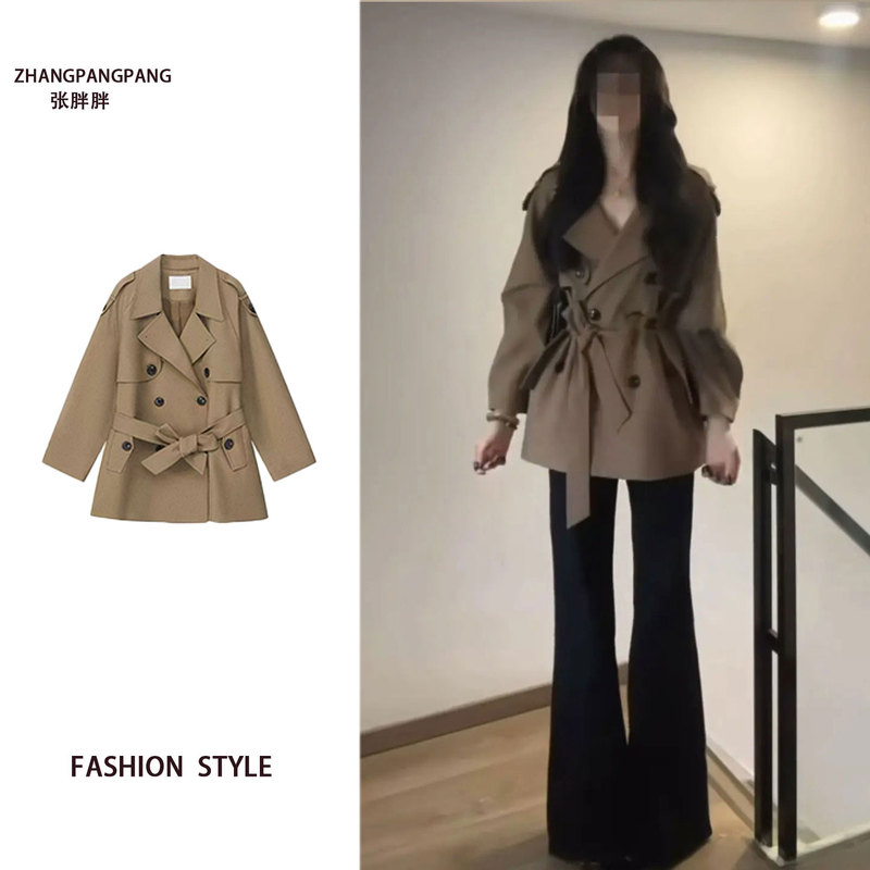 Plus-Size Khaki Vintage Double-Breasted Short Trench Coat for Women, 2026 Spring and Autumn New Style, Belted Waist, Elegant Jacket