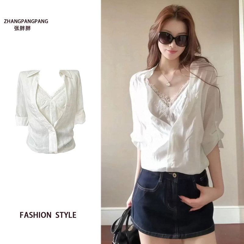 Plus Size Fat Girl Pure Desire Lace Splicing Fake Two-Piece Mid-Sleeve Sun Protection Shirt Early Autumn New Beautiful and Unique Top for Women Plus Size Fat Girl Pure Desire Lace Splicing Fake Two-Piece Mid-Sleeve Sun Protection Shirt Early Autumn New Beautiful and Unique Top for Women