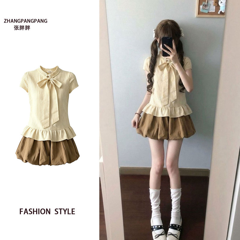 Plus Size Beige Short-Sleeved Striped Doll Collar Bow Shirt Women's Summer Chic Flower Bud Skirt Two-Piece Set Plus Size Beige Short-Sleeved Striped Doll Collar Bow Shirt Women's Summer Chic Flower Bud Skirt Two-Piece Set
