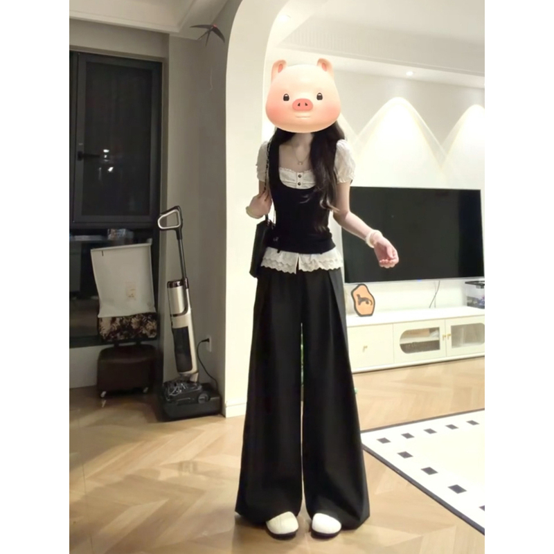 Plus-Size Korean-Style Black Lace Fake Two-Piece Short-Sleeve T-Shirt for Women, Summer Spicy Girl Puff Sleeve Top and Casual Pants Set Plus-Size Korean-Style Black Lace Fake Two-Piece Short-Sleeve T-Shirt for Women, Summer Spicy Girl Puff Sleeve Top and Casual Pants Set