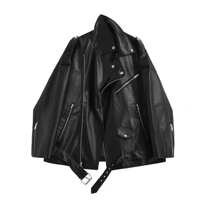 Black polyurethane autumn jacket, retro cardigan, for plus size ladies, American style, high-quality style