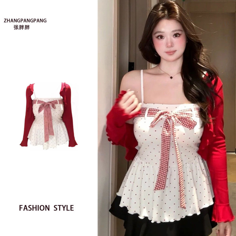 Plus-Size Korean Sweet Girl Polka-Dot Bow Inner Camisole Women's Summer Red Sun-Protective Cardigan Two-Piece Set