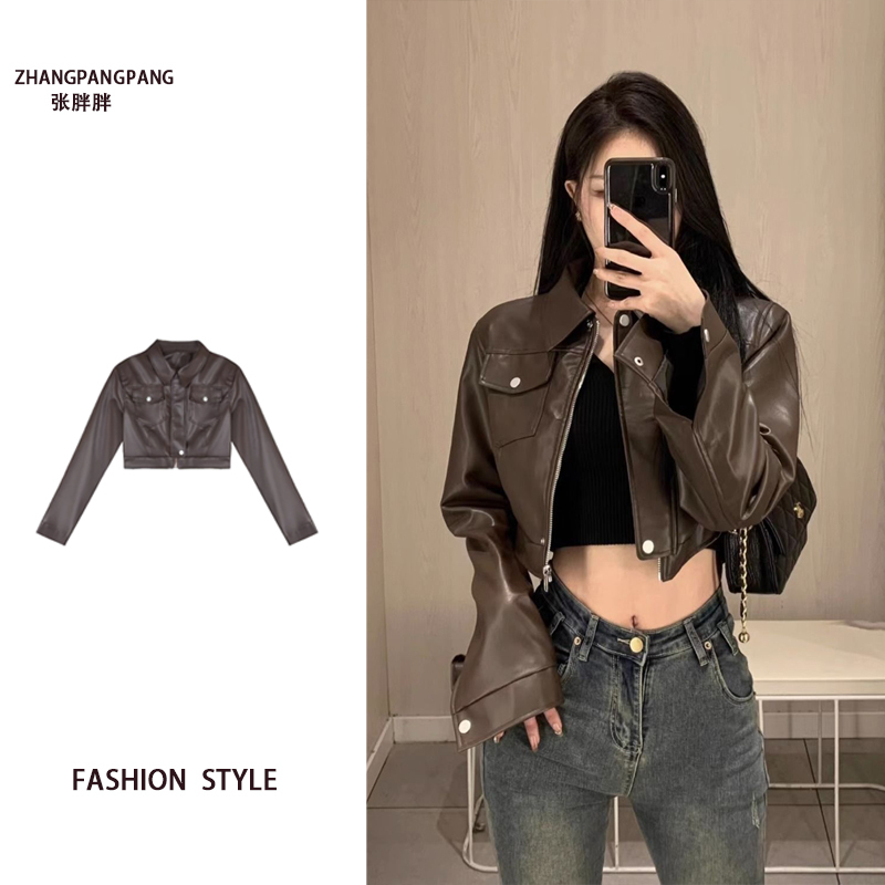 Meilade Wears a Brown Leather Jacket for Women, Spring and Autumn 2026 New Style, Large Size, Loose Fit, Short Outerwear