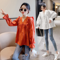 Pregnant women Autumn new V-neck long sleeve dress loose ruffles fashion wild doll shirt large size coat tide