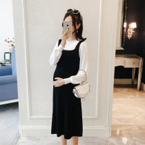 2019 pregnant women autumn and winter fashion black and white strap skirt fake two sweater skirt knitted long skirt stretch stretch thin dress