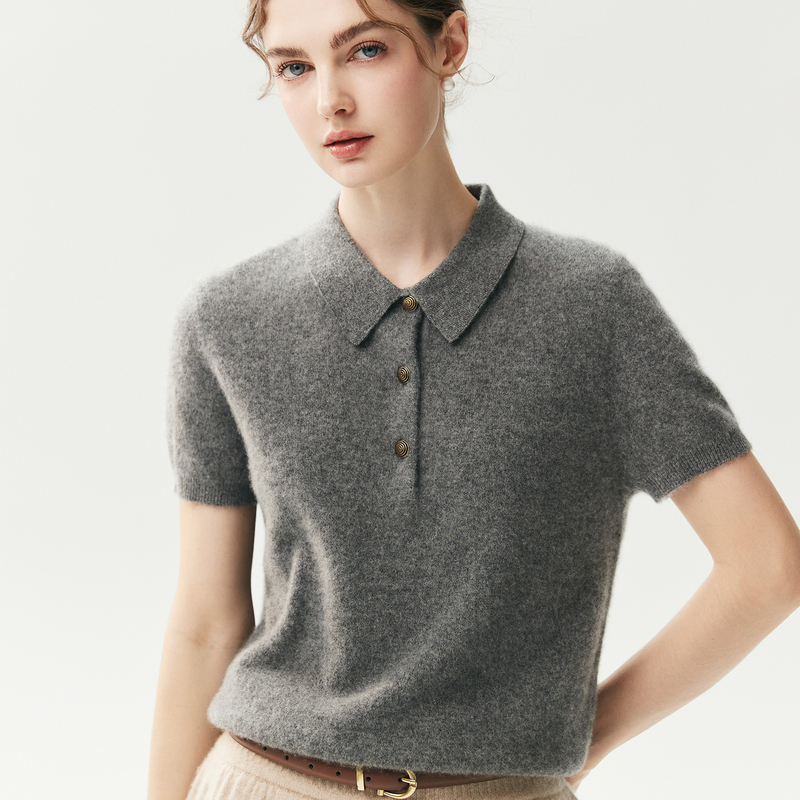New Style Old Money Style 100% Pure Cashmere Sweater for Women, Polo Collar Short-Sleeved Knit Sweater, Gray Turn-Down Collar Sweater Top New Style Old Money Style 100% Pure Cashmere Sweater for Women, Polo Collar Short-Sleeved Knit Sweater, Gray Turn-Down Collar Sweater Top