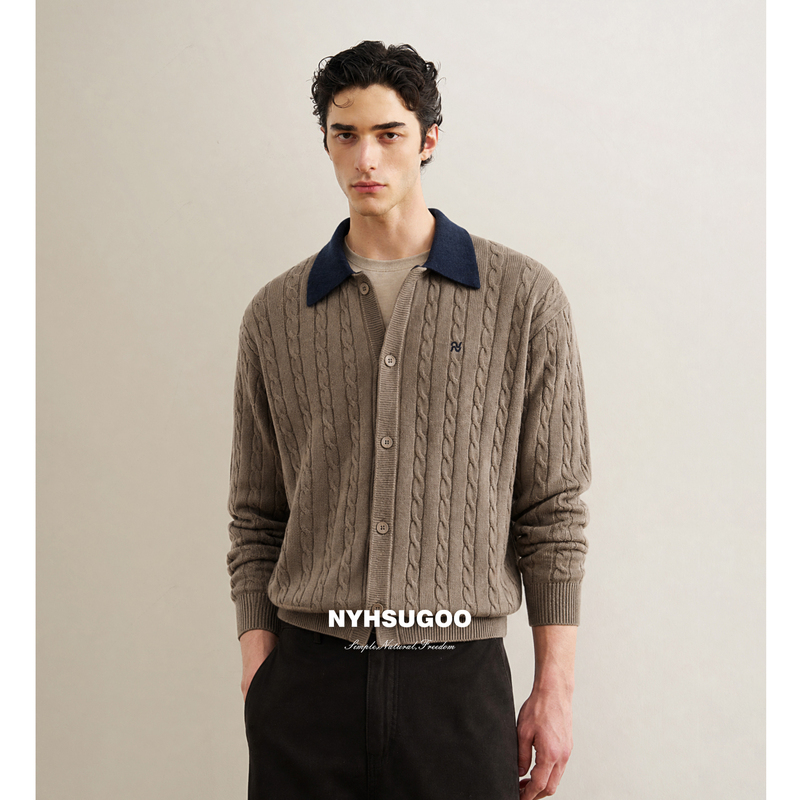 Nanyi 2026 Autumn/Winter New 12-Needle 32-Count Three-Dimensional Cable Knit Faux Two-Piece Men's Cardigan Sweater 55505