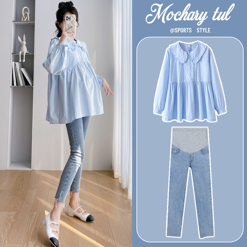 Maternity Spring Outfit Two-Piece Set 2026 New Spring Fashionable Long-Sleeved Top Plus Size Shirt Spring and Autumn Style
