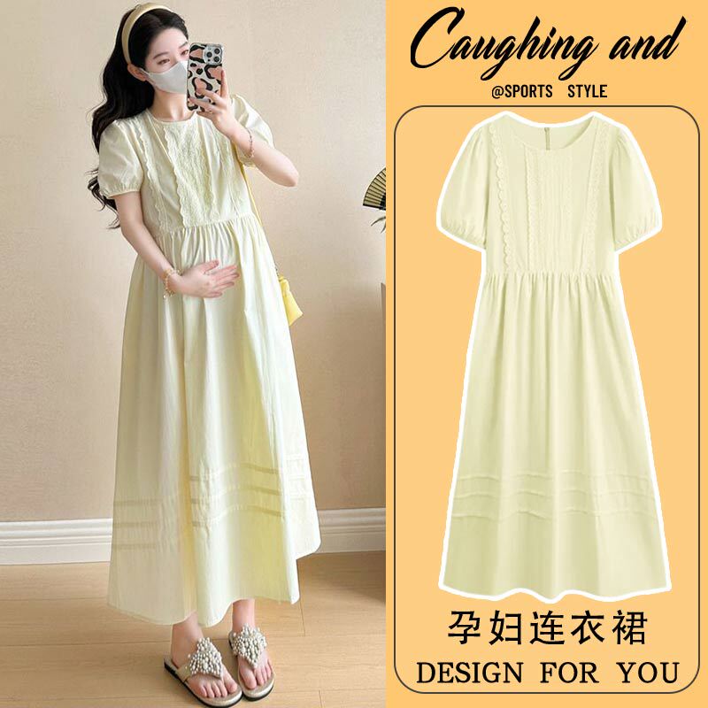 Maternity Dress for Summer Wear 2025 New Style French Style for Pregnant Mothers High-End Pure Cotton Slimming Mid-Length Dress Summer Wear