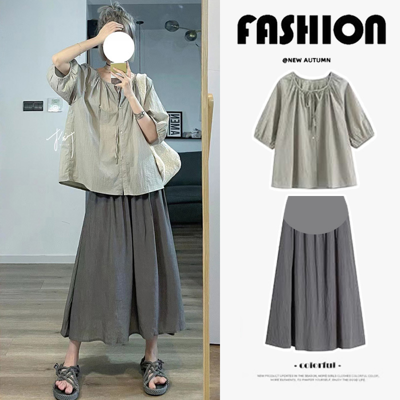 Maternity Skirt Two-Piece Set for Summer, Petite Casual Loose-Fitting Pregnancy Outfit Set, Summer Wear, High-End Slimming Effect