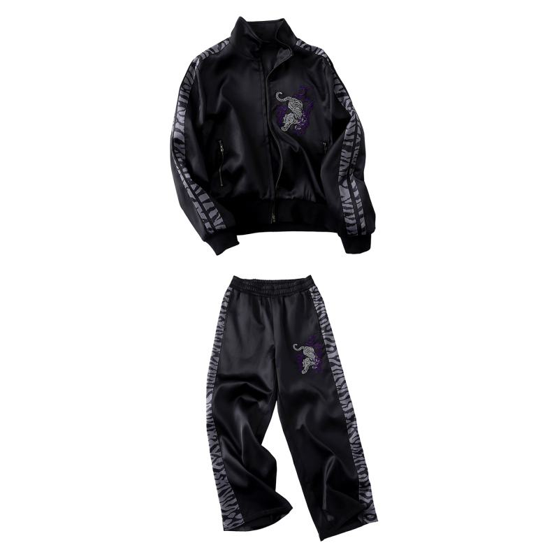 Lightinus* Ghost Tiger Yokosuka Set Satin Contrast Color Ribbon Stitching Tiger Pattern Embroidered Jacket Casual Pants