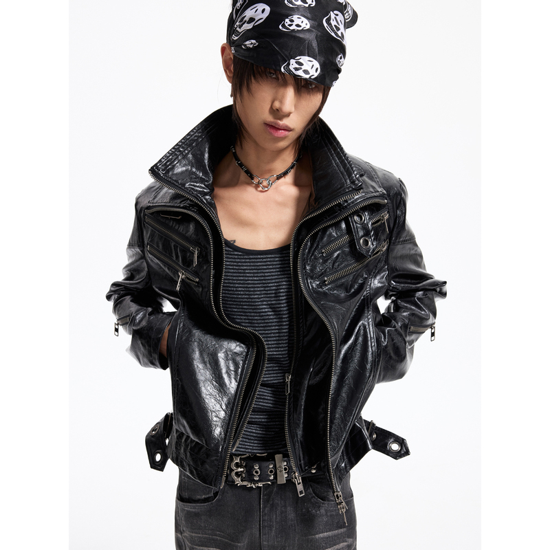 Lightinus* Blood-Weeping Blade Detachable Fur Collar Jacket Ykk Zipper Regular Shoulder Slim Fit Leather Jacket