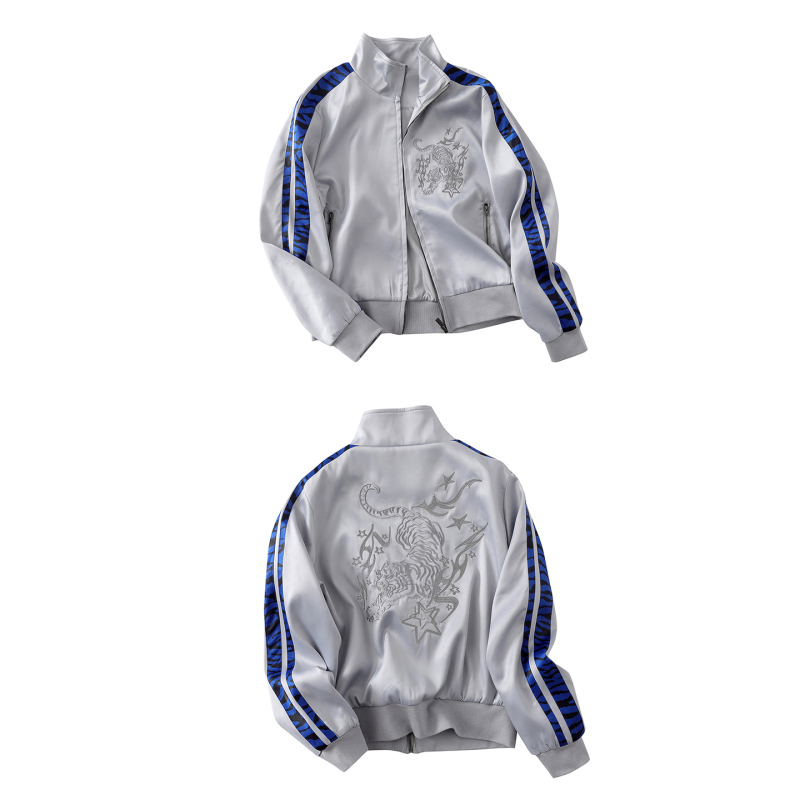 Lightinus* Ghost Tiger Yokosuka Satin Contrast Color Patchwork Ribbon Tiger Pattern Embroidery Stand Collar Jacket