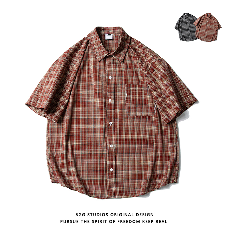 Bggstudios American Retro Color-Block Plaid Short-Sleeve Shirt for Men, Trendy Brand, Loose Casual Couple's Versatile Shirt