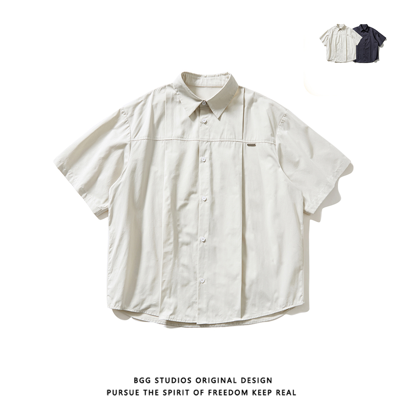Bggstudios American Trendy Brand Solid Color Patchwork Workwear Short-Sleeved Shirt Men's Summer Loose Casual Couple Shirt