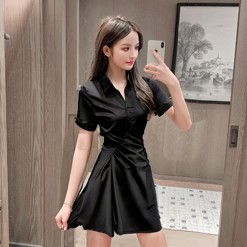 Black Design-Inspired Short Skirt with a Cinched Waist, Slimming Shirt Dress, 2026 New Acetate Satin Dress for Women in Summer