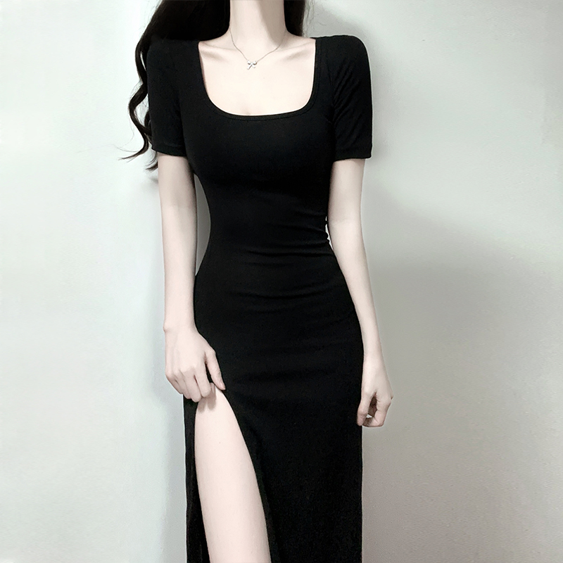 Slit Long Hepburn-Style Little Black Dress, Niche Design That Flatters the Figure, Bodycon Long Skirt, Black High-Fashion Mature Dress for Summer