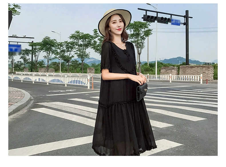 Váy bà bầu 2019 phiên bản Hàn Quốc mới của bà bầu mùa hè đầm lỏng thời trang giản dị tay ngắn voan công sở váy dài - Áo thai sản