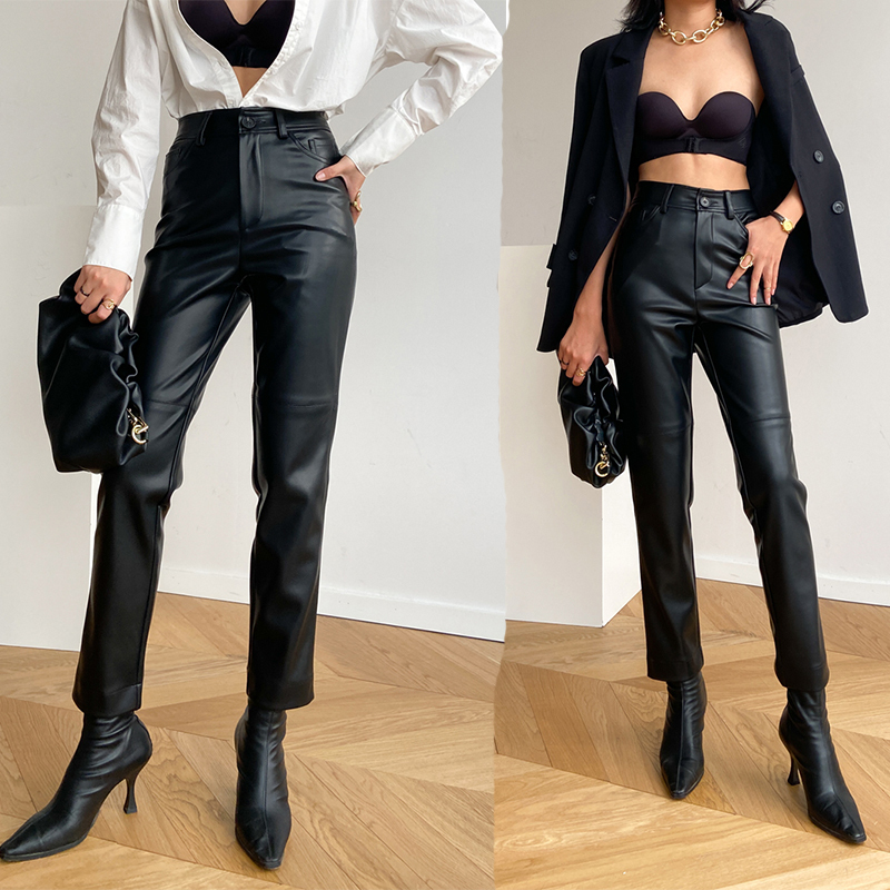 Casual Trousers 2026 Autumn and Winter New Style Fleece-Lined Leather Pants for Women, High-Waisted, Slim-Fit, Cigarette-Leg, Ankle-Length Pants Casual Trousers 2026 Autumn and Winter New Style Fleece-Lined Leather Pants for Women, High-Waisted, Slim-Fit, Cigarette-Leg, Ankle-Length Pants