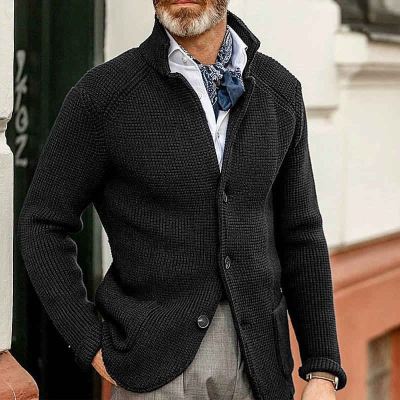 [秋冬纯色立领单排扣修身针织大码长袖外套男Men's knitted jacket]
