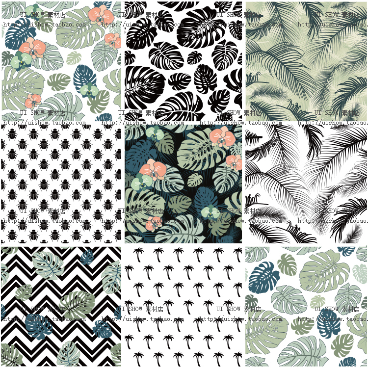 小清新时尚棕榈叶无缝平铺叶子植物桌布墙纸背景设计矢量图案素材