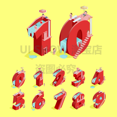 卡通可爱场景游泳池手绘插画立体人物个性时尚字母数字矢量素材