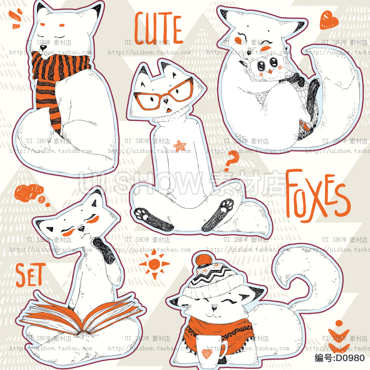 卡通可爱童话小狐狸标签标贴爱情插画手绘平面印刷UI设计矢量素材