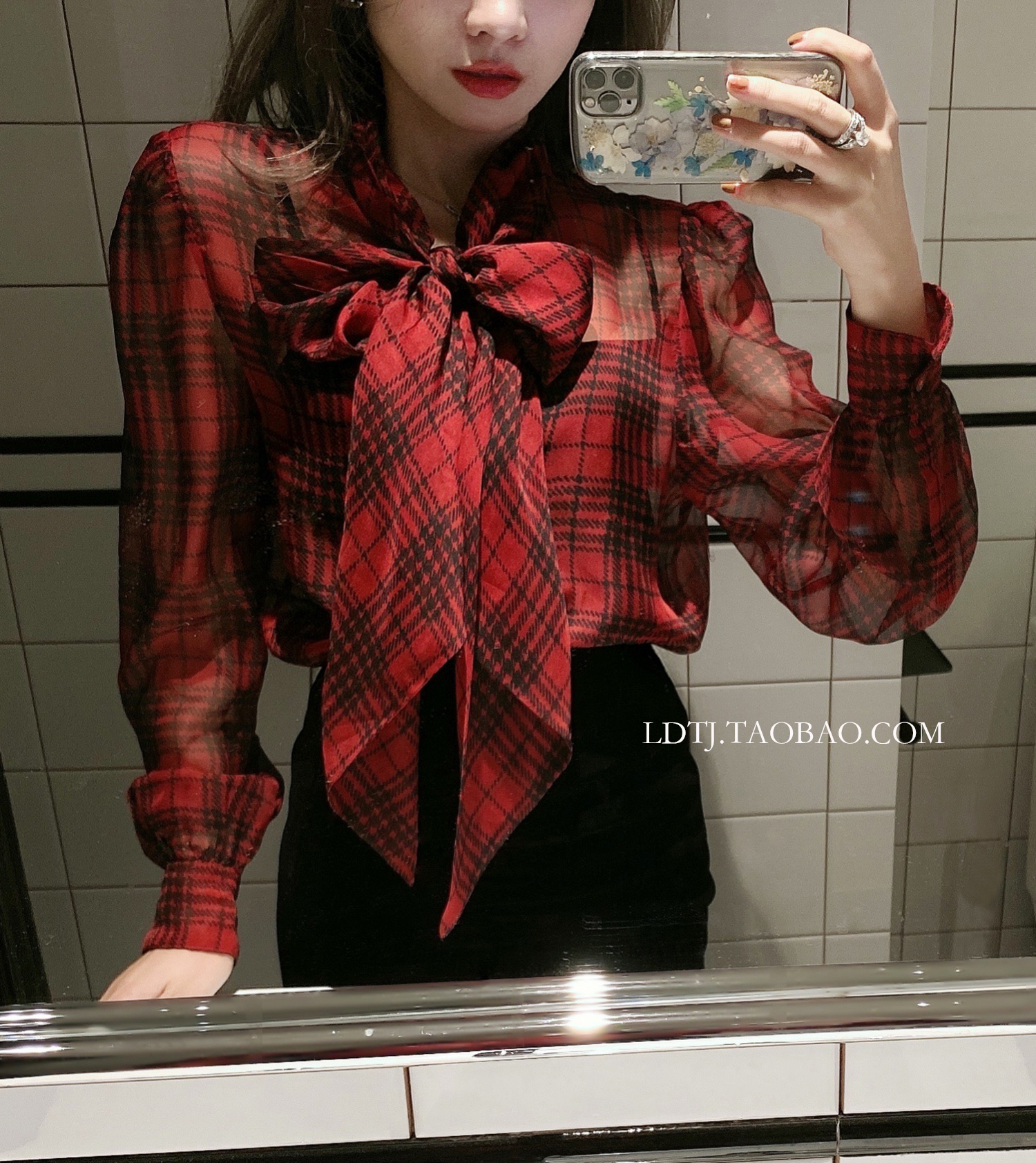 LDTJ couture shirt women's 22 summer new light cooked temperament high-grade red plaid chiffon long sleeves bow micro-sheer top