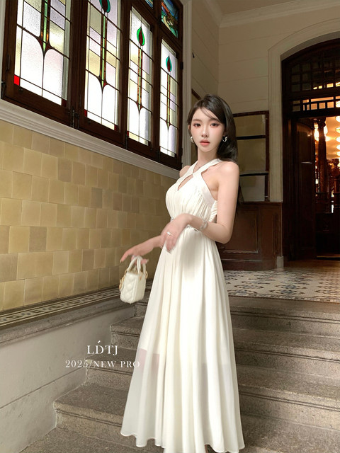 Ldtj Original [Monsoon Breeze] 2025 Heavy Embroidery Chiffon Birthday Date Socialite Halter Neck Long Dress for Women