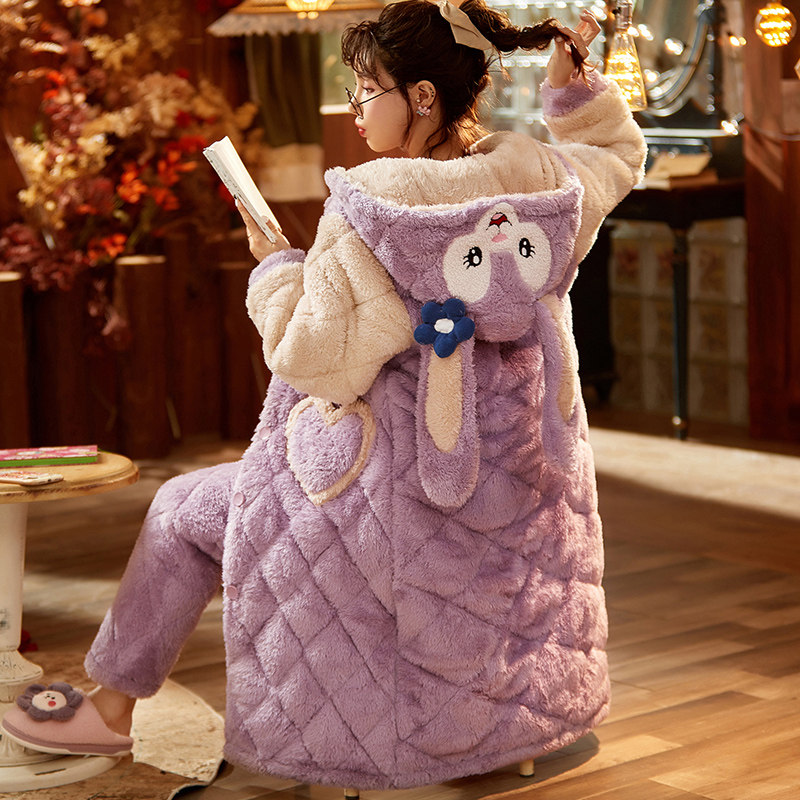 Coral Suede Sleeping Robe Women's Winter Long Version 2022 New Winter Thickened Garnter Triple Clip Cotton Padded Jacket Super-Thick Bathrobe Pajamas