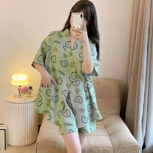 Зеленая японская летняя пижама, короткий рукав, 2024 года