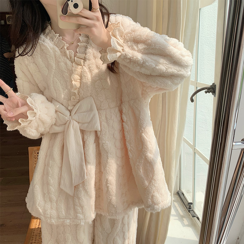 Coral Suede Pajamas Woman Winter Princess Wind Winter Jacquard Autumn Winter Style Add Suede Thickened Flannel Plush Home Clothing-Taobao
