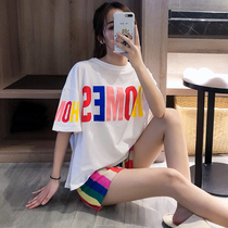 2020 New Sleepwear Womens Summer Cute Days Teas Wind Fashion Rainbow Short Sleeves Two Suit Pure Cotton Home Clothes