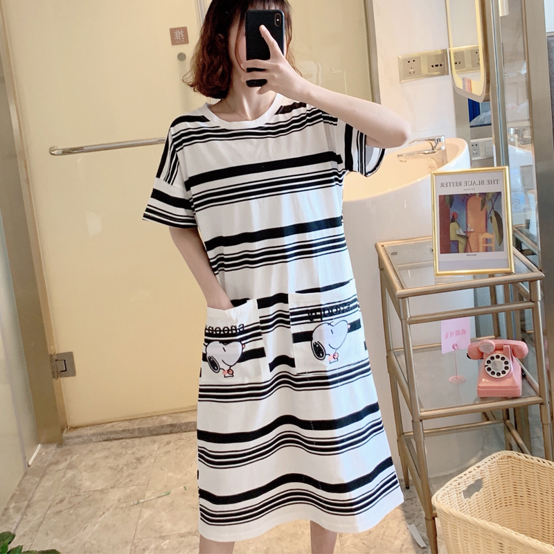 History Nubi Sleeping Skirt Woman Summer Pure Cotton Cartoon Cute Striped Summer Dress Children Han Edition Student Sleepwear Summer Thin