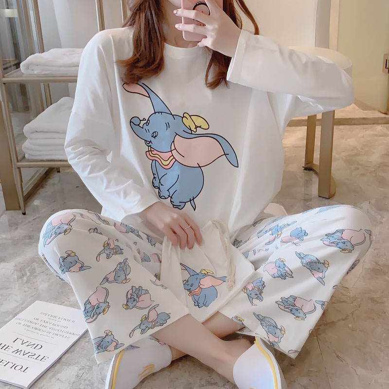 Cloth Bag Pyjamas Woman Spring Autumn Long Sleeves Two Sets Students Ins Sweet And Cute Little Flying Elephant Web Red Pure Cotton Home Clothes