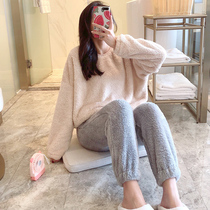 Coral velvet pajamas womens autumn and winter Net red cute simple furry padded velvet flannel two-piece set