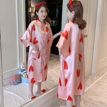 Ice Silk Sleeping Dress Womens Summer Cute Heart-shaped Cardiopher Boyfriend Wind Lady Big Code Pregnant Woman Sleepwear Skirt Summer Thin