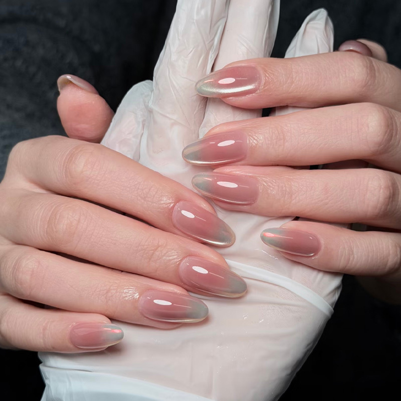 Handmade Aurora Pink Nail Art Blush Cat Eye Wearable Nails Medium Short Style 2026 New Model High-End Light Luxury Spring Bride