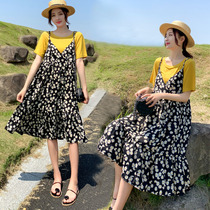 Pregnant womens dress set summer new Korean Fashion Net red floral chiffon skirt summer jacket two-piece set