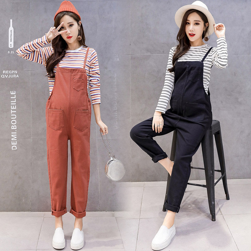 Maternity suit autumn fashion 2020 new long-sleeved striped top maternity denim baby bag pants two-piece set
