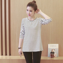 Maternity t-shirt spring and autumn long-sleeved top 2021 spring Korean version loose medium-long striped Foreign style maternity base shirt