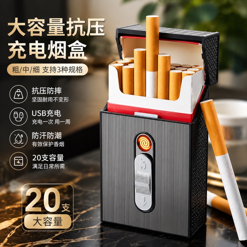 20-Pack Cigarette Case with Thick, Medium, and Thin Cigarettes, Rechargeable Lighter, Windproof Lighter, Integrated Storage Box, Portable