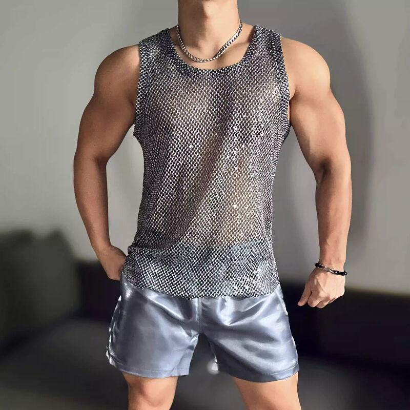 Trendy Recommendation! Niche Design Mesh Men's Tank Top, Dazzling Silver Hollow-Out Sleeveless T-Shirt, Summer Muscle Man Fashion Trendy Recommendation! Niche Design Mesh Men's Tank Top, Dazzling Silver Hollow-Out Sleeveless T-Shirt, Summer Muscle Man Fashion
