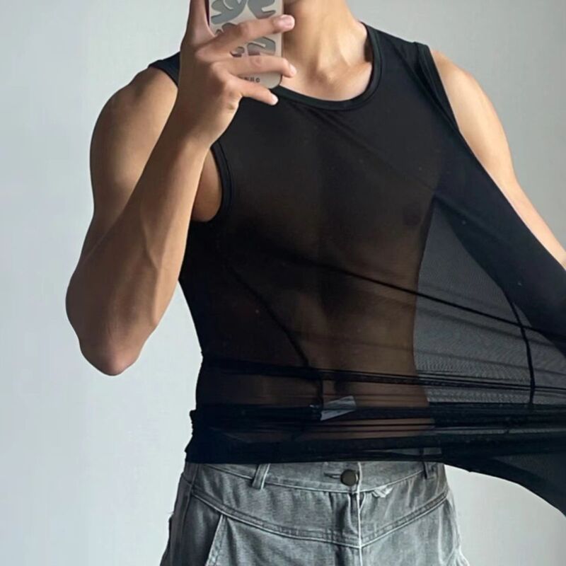 Men's Mesh Sports Vest Sexy Slim Fit Transparent Camisole Training Clothes Sports Fitness Sleeveless T-Shirt