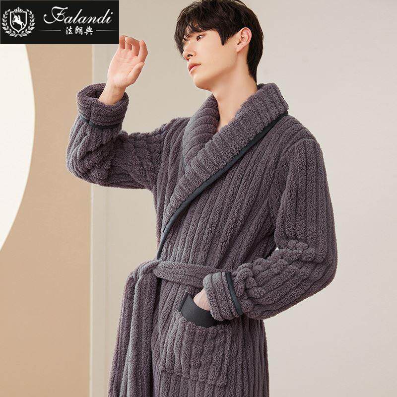 Men Sleeping Robes Winter Style Coral Suede Warm Plus Suede Thickened Bathrobe Lengthened flannel Velvet Season Long Robes Sleeping 1222c-Taobao